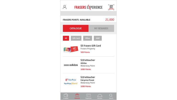 Tap on ‘Catalogue’ under the ‘Rewards’ in your bottom menu. Browse what you can redeem with your Frasers Points, from Digital Gift Cards to retailer eVouchers.
